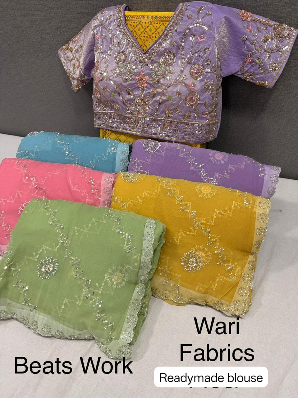 Wari Fabrics Beads Work Saree with Readymade Blouse